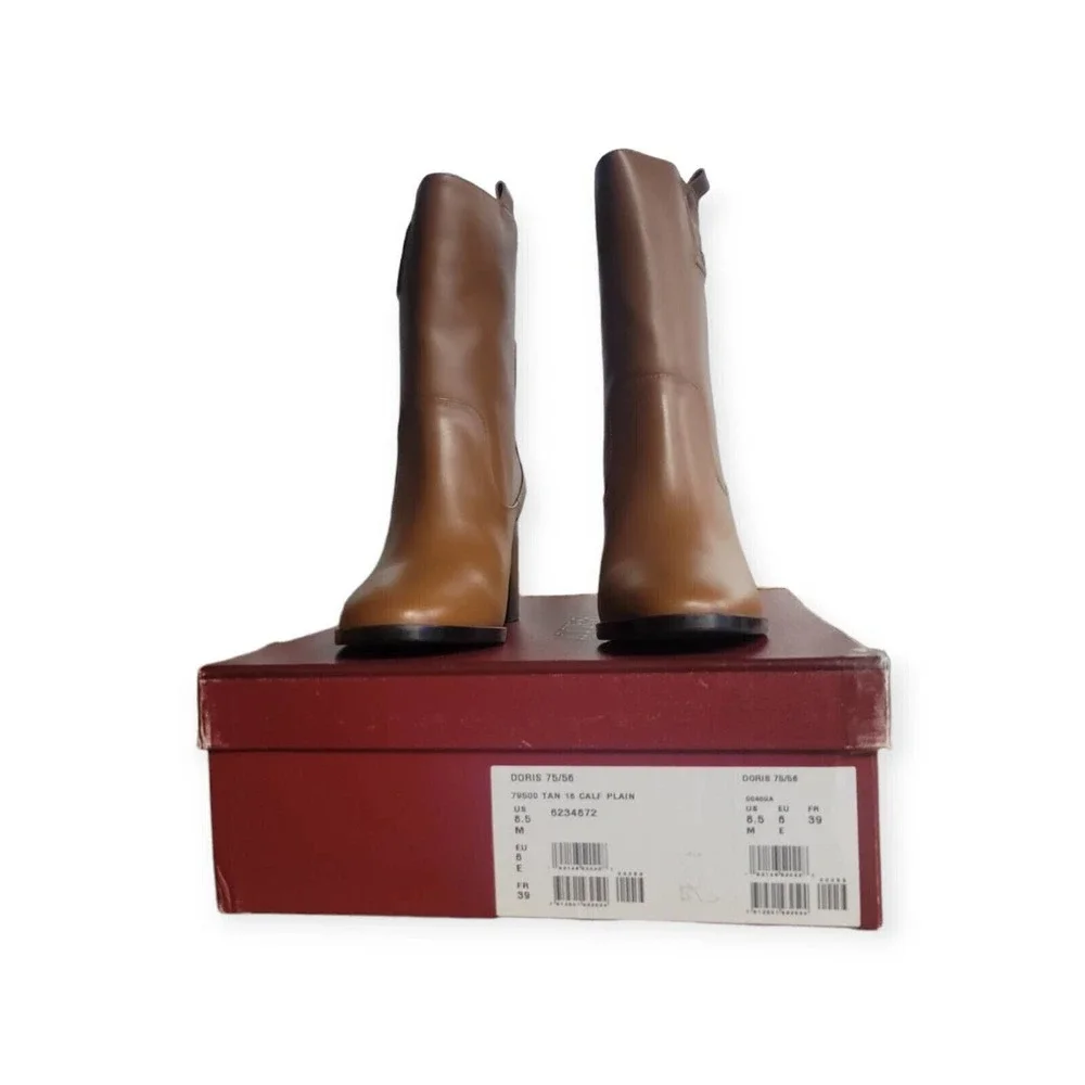 Bally Womens Doris Boots Tan Leather Stamp Logo Mid Calf Block Pull On 8.5 M New - Picture 6 of 7